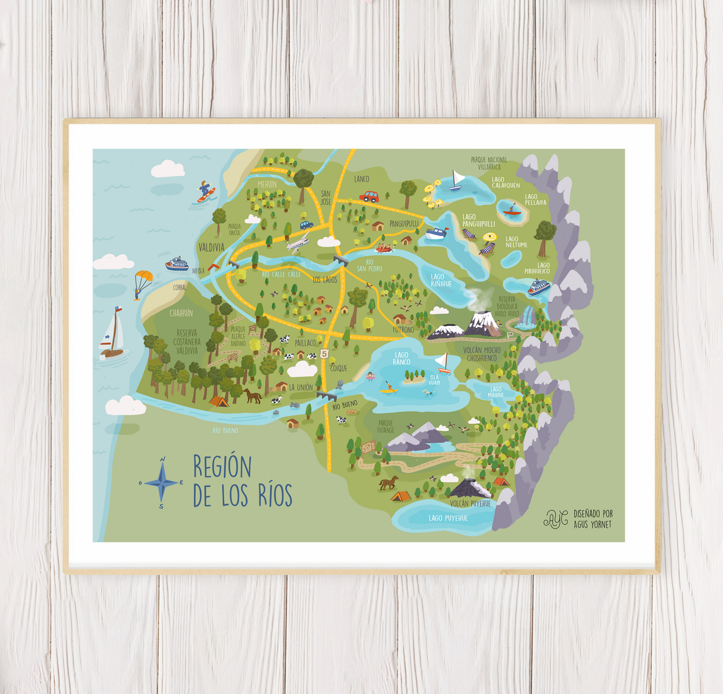 Lámina ilustración · Región de Los Ríos 30x40 cms (enmarcada)