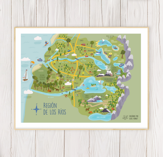 Lámina ilustración · Región de Los Ríos 30x40 cms (enmarcada)